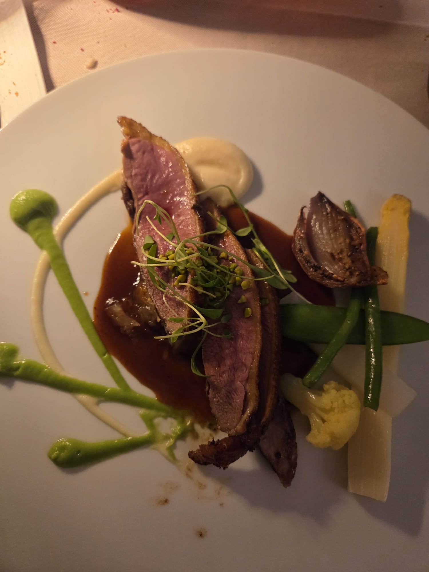 Magret de canard tranché rosé, pistaches concassées, légumes glacés (fèves, haricots, oignon rouge rôti) et sauce brune au vin, au Guillaume Tell Lavaux